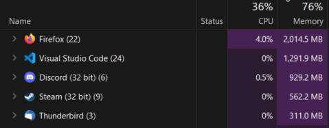 Screenshot showing Firefox using 2GB, Visual Studio Code using
1.3GB, Discord using 900MB, Steam using 500MB, and
Thunderbird using 300MB.