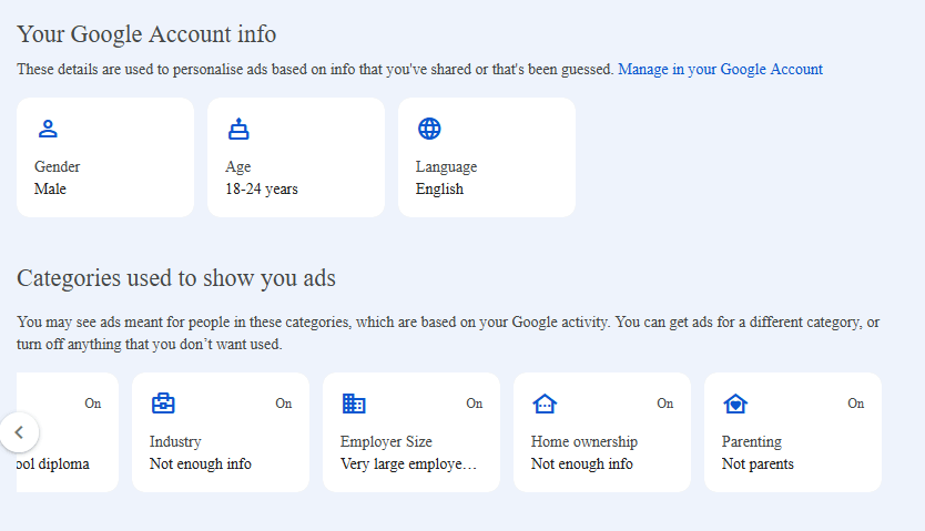 A screenshot showing an example of Google's personalized ad settings
